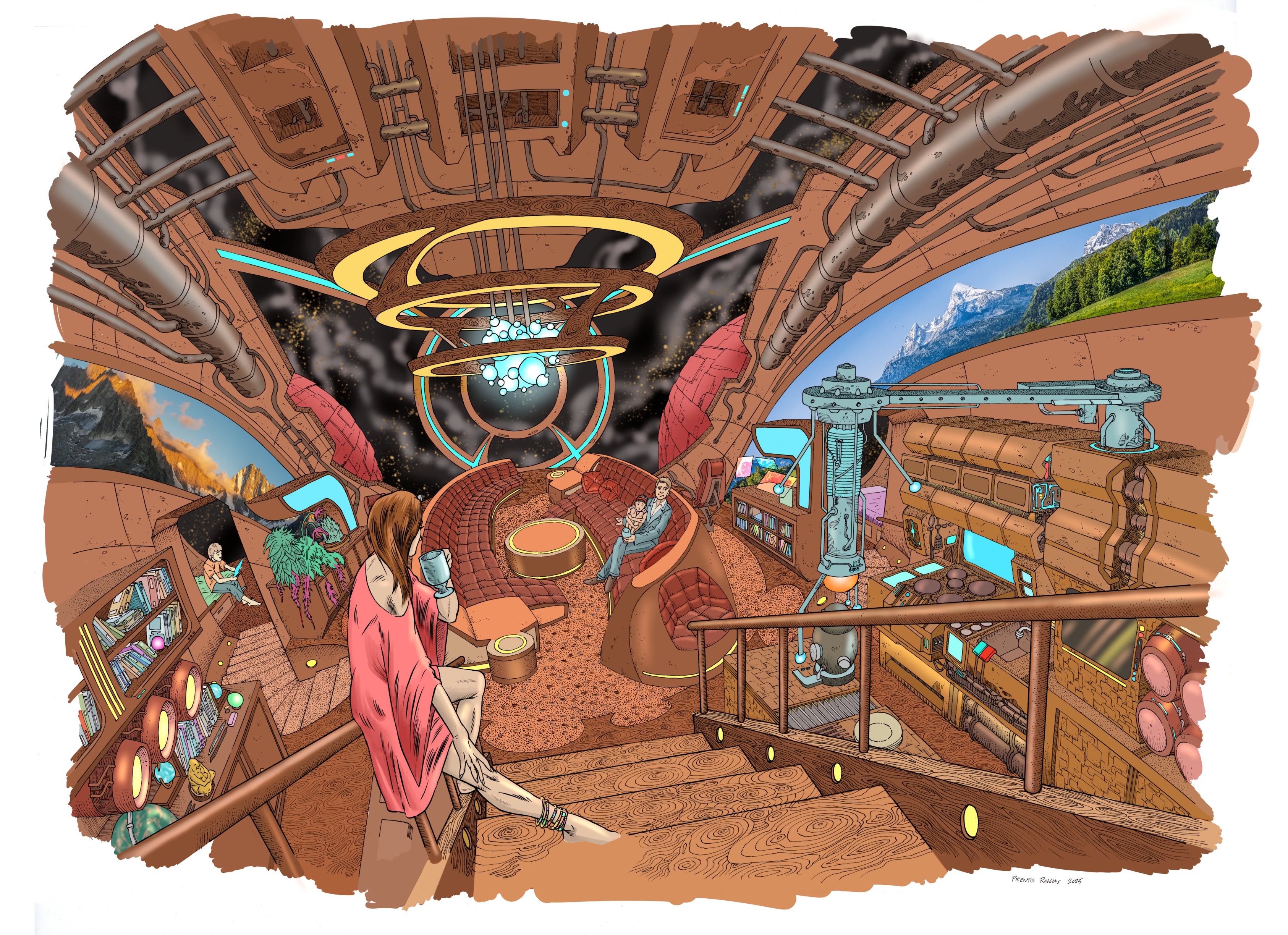 Family living large inside the excursion yacht. I wanted to create a sense of comfort and ease amidst the hostile outer environment--elements of this scene were inspired by the work of the great concept artist Syd Mead. Drawn with ink on paper, digitally coloured.