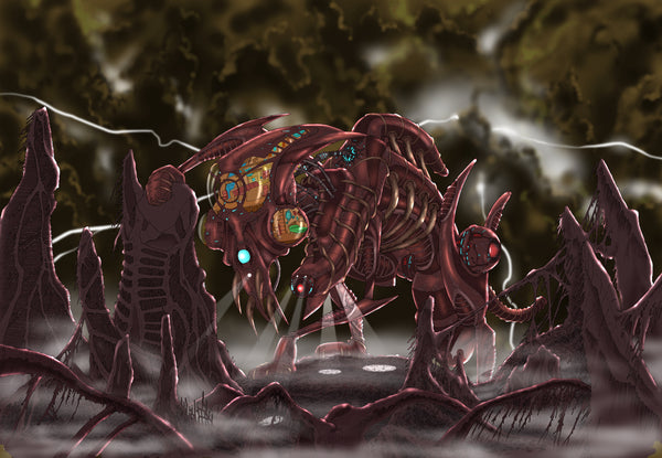 A family yacht on an incredibly hostile alien world. Built to keep the family it contains safe and comfy, but also to kick some serious ass if it needs to. Very much in the spirit of Swiss surrealist artist H.R. Giger. Drawn with ink on paper, digitally coloured.