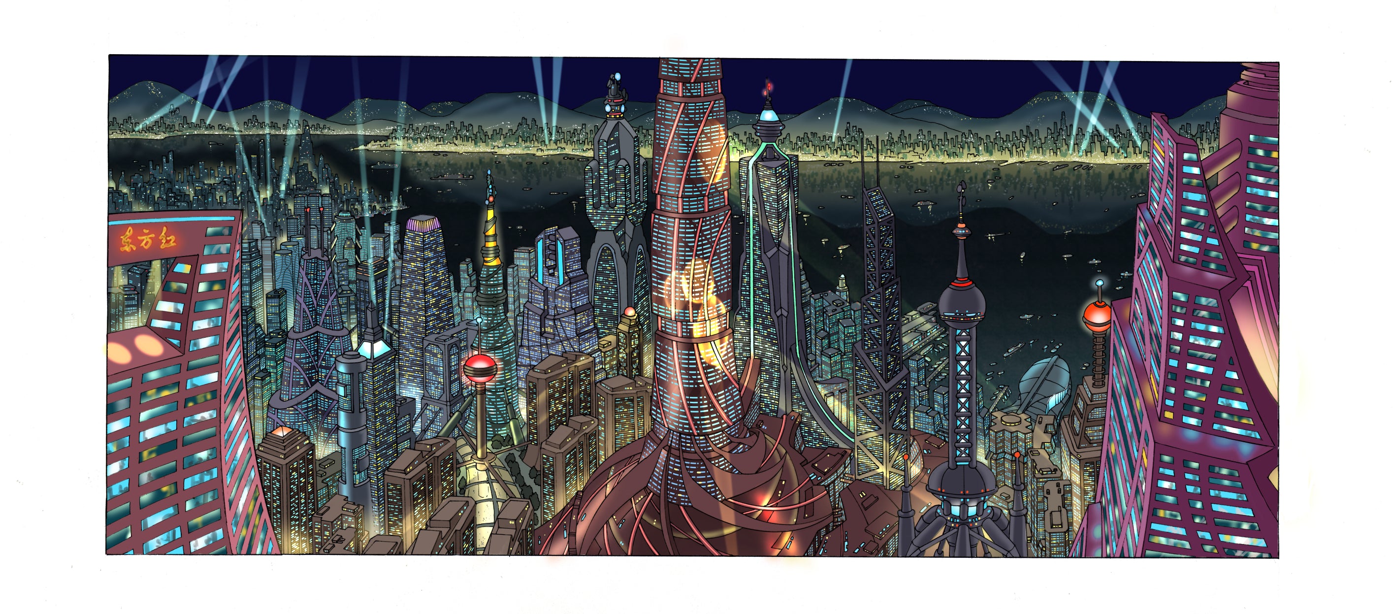 A sweeping, cinematic vision of Hong Kong in 2080. Kowloon visible across Hong Kong Harbour. This was drawn with ink on paper, and digitally coloured. 