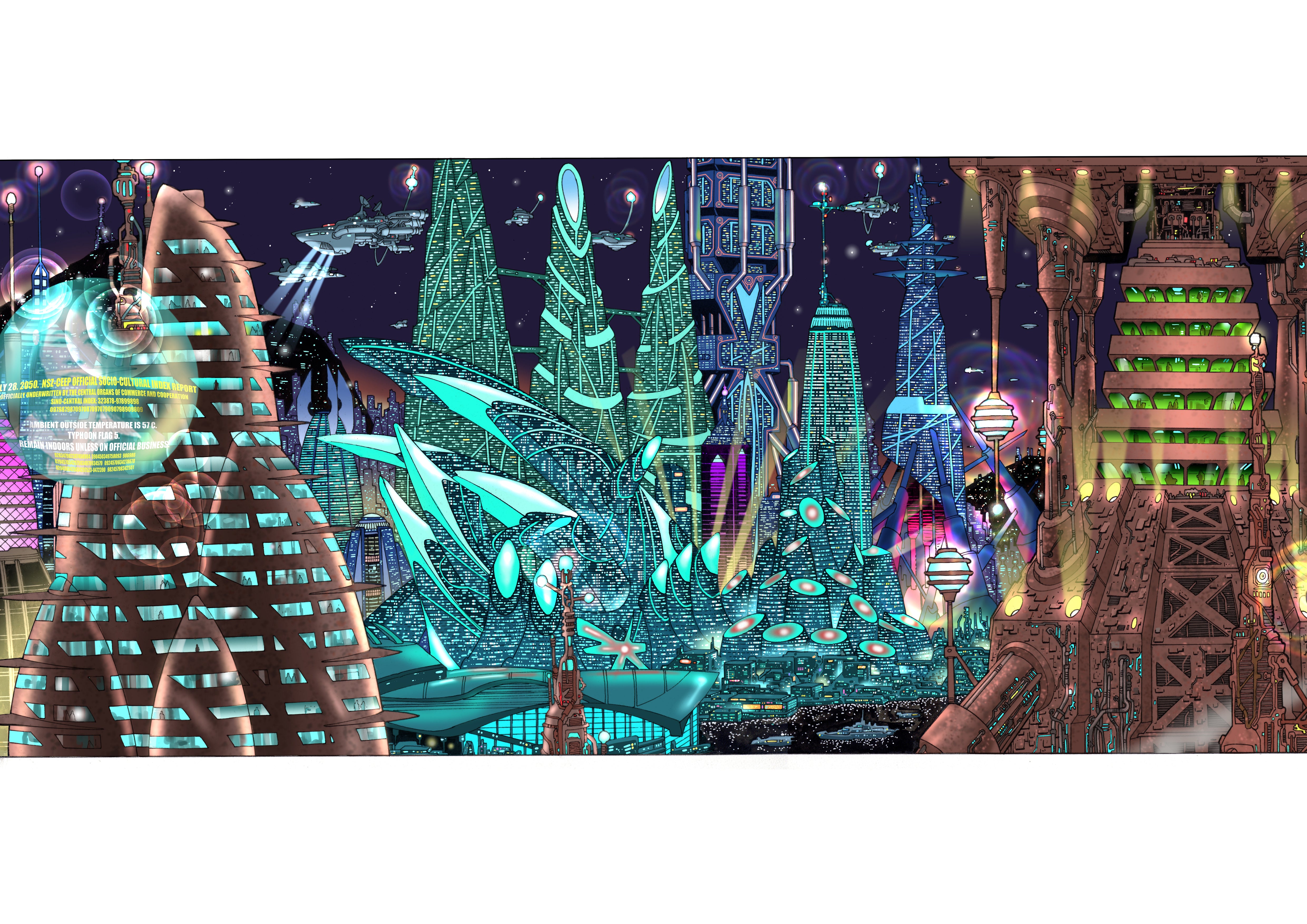 A vision of Hong Kong a century from now; vast, biomechanical structures dominate the harbour waterfront, but some ancient structures persist (eg the present day Hong Kong Convention Centre is visible, bottom center). Drawn with ink on paper, and digitally colored.