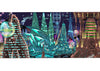 A vision of Hong Kong a century from now; vast, biomechanical structures dominate the harbour waterfront, but some ancient structures persist (eg the present day Hong Kong Convention Centre is visible, bottom center). Drawn with ink on paper, and digitally colored.