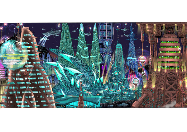A vision of Hong Kong a century from now; vast, biomechanical structures dominate the harbour waterfront, but some ancient structures persist (eg the present day Hong Kong Convention Centre is visible, bottom center). Drawn with ink on paper, and digitally colored.