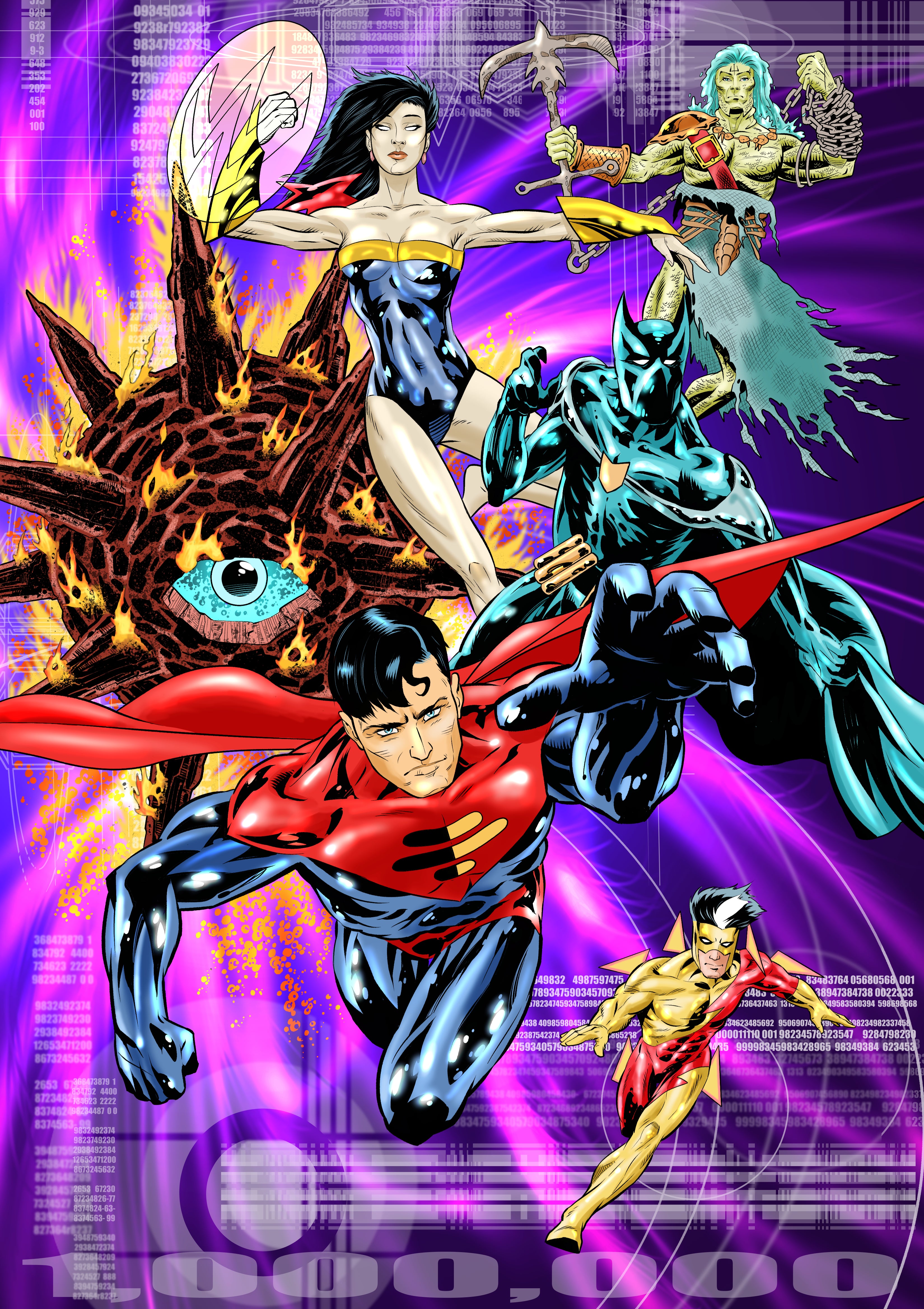 Justice Legion A, as they appeared in DC Comics' 1998 crossover event 'DC: One Million'. That's Solaris (the Tyrant Sun) in the background--one of DC's all time great villains! Drawn with ink on paper, digitally coloured.