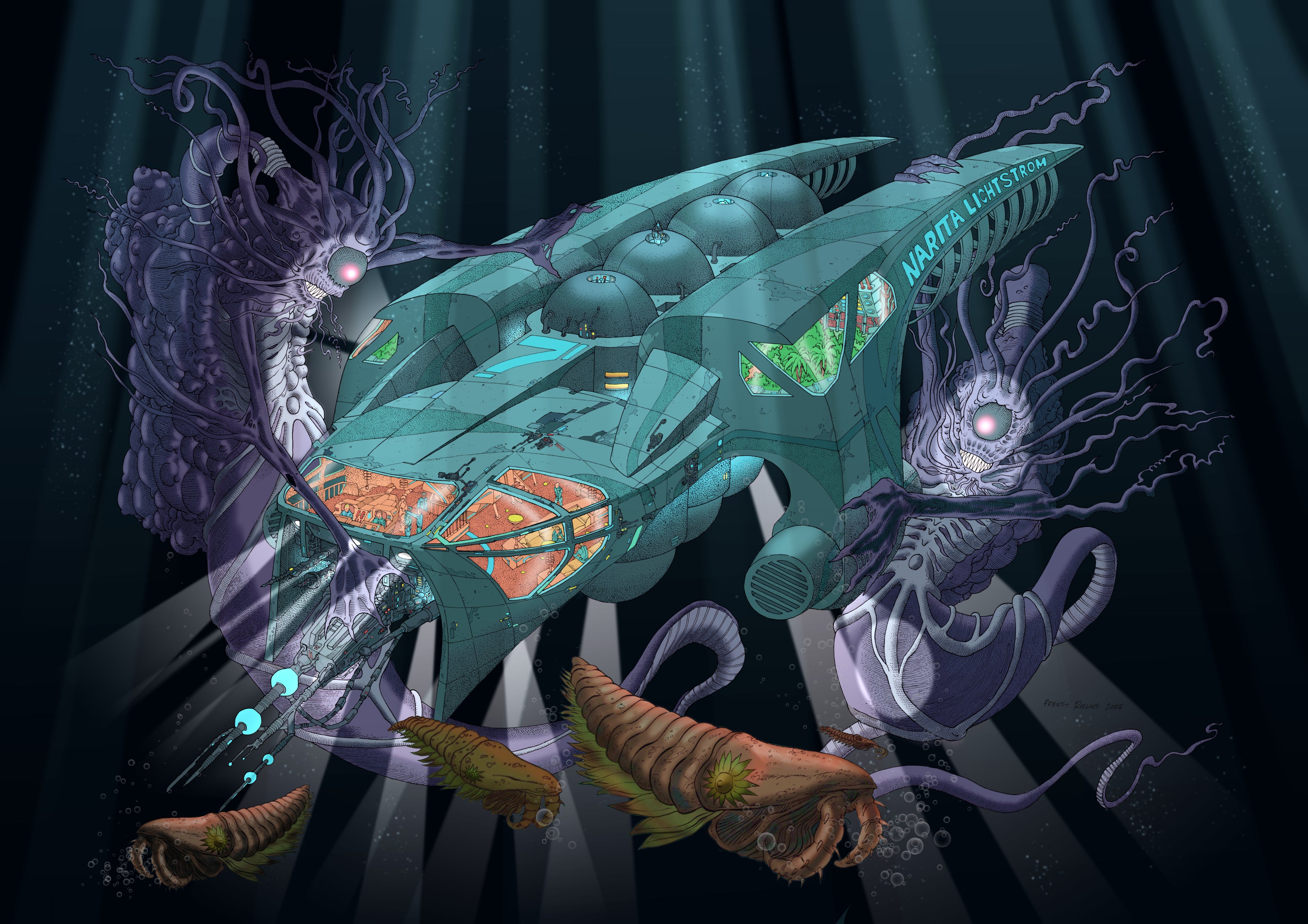 A research submarine in an alien ocean, encountering giant creatures at a depth of over one mile. Drawn with ink on paper, digitally coloured.