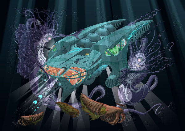 A research submarine in an alien ocean, encountering giant creatures at a depth of over one mile. Drawn with ink on paper, digitally coloured.