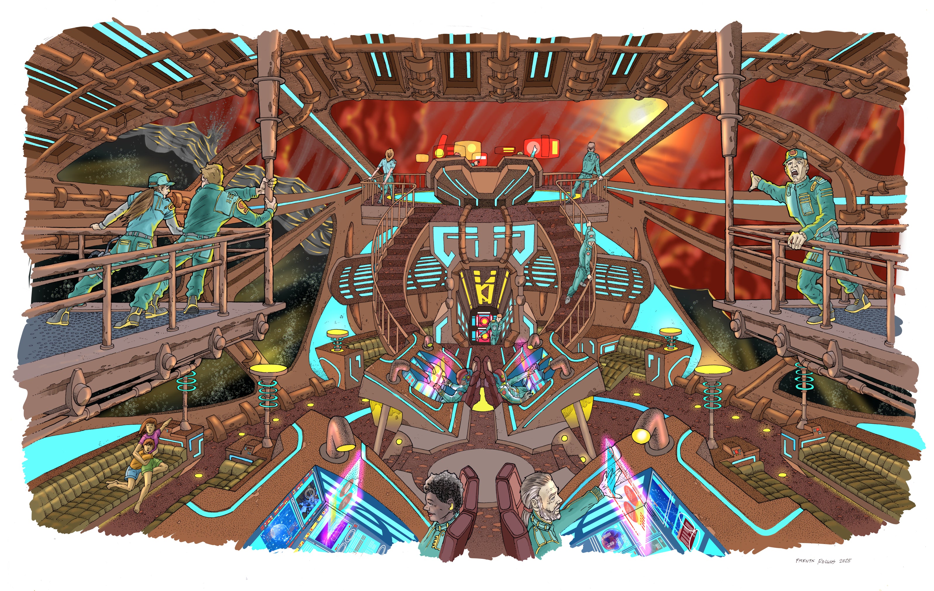 The interior of the Research Submarine as it makes an emergency surface. Drawn with ink on paper, digitally coloured.
