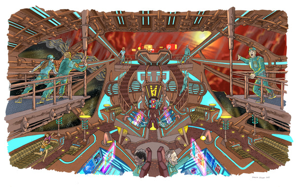 The interior of the Research Submarine as it makes an emergency surface. Drawn with ink on paper, digitally coloured.
