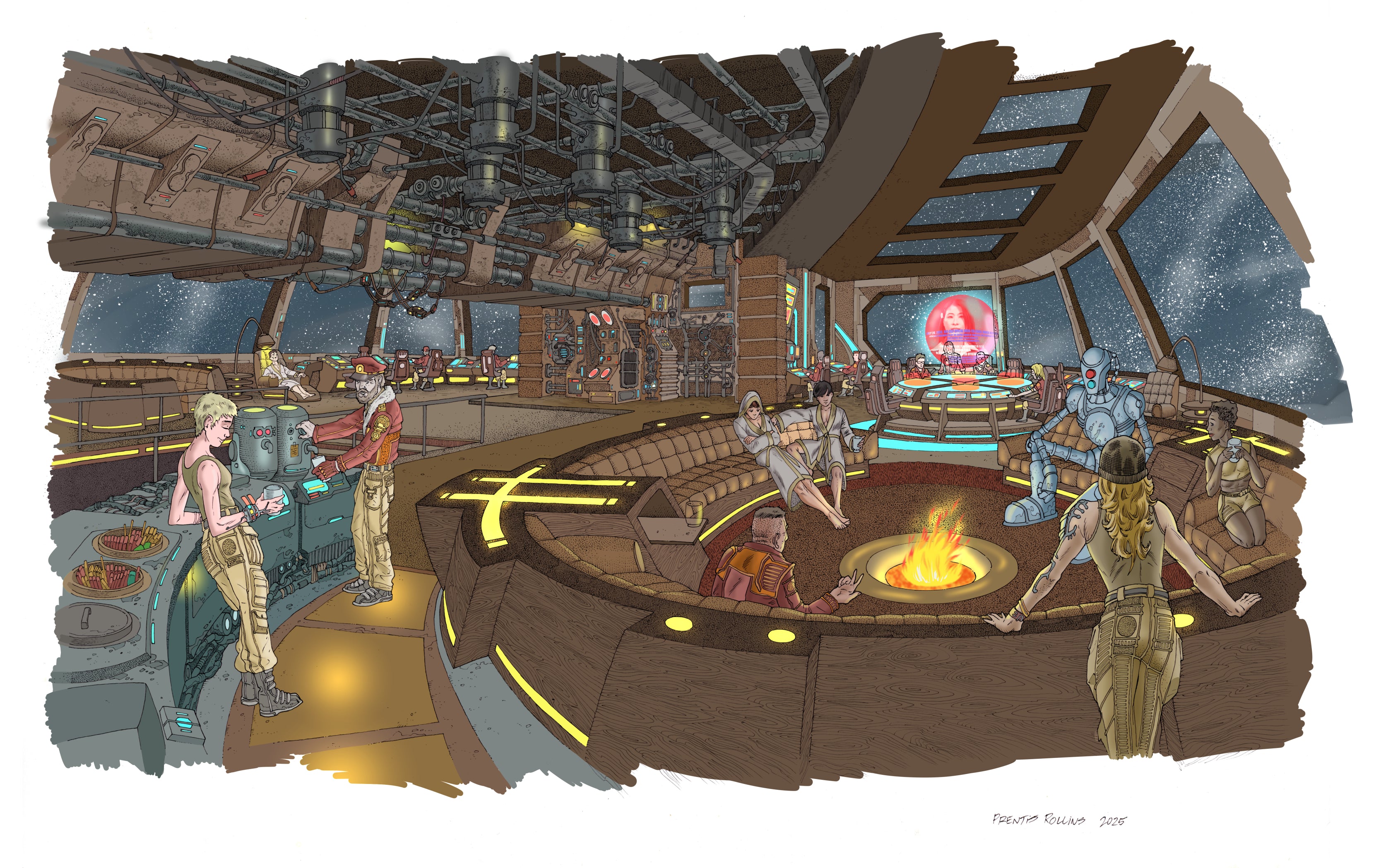 The interior of the Scientific Research Vehicle--I wanted to create a scene of inviting warmth and comfort, in contradistinction to the freezing environment outside. Drawn with ink on paper, digitally coloured.