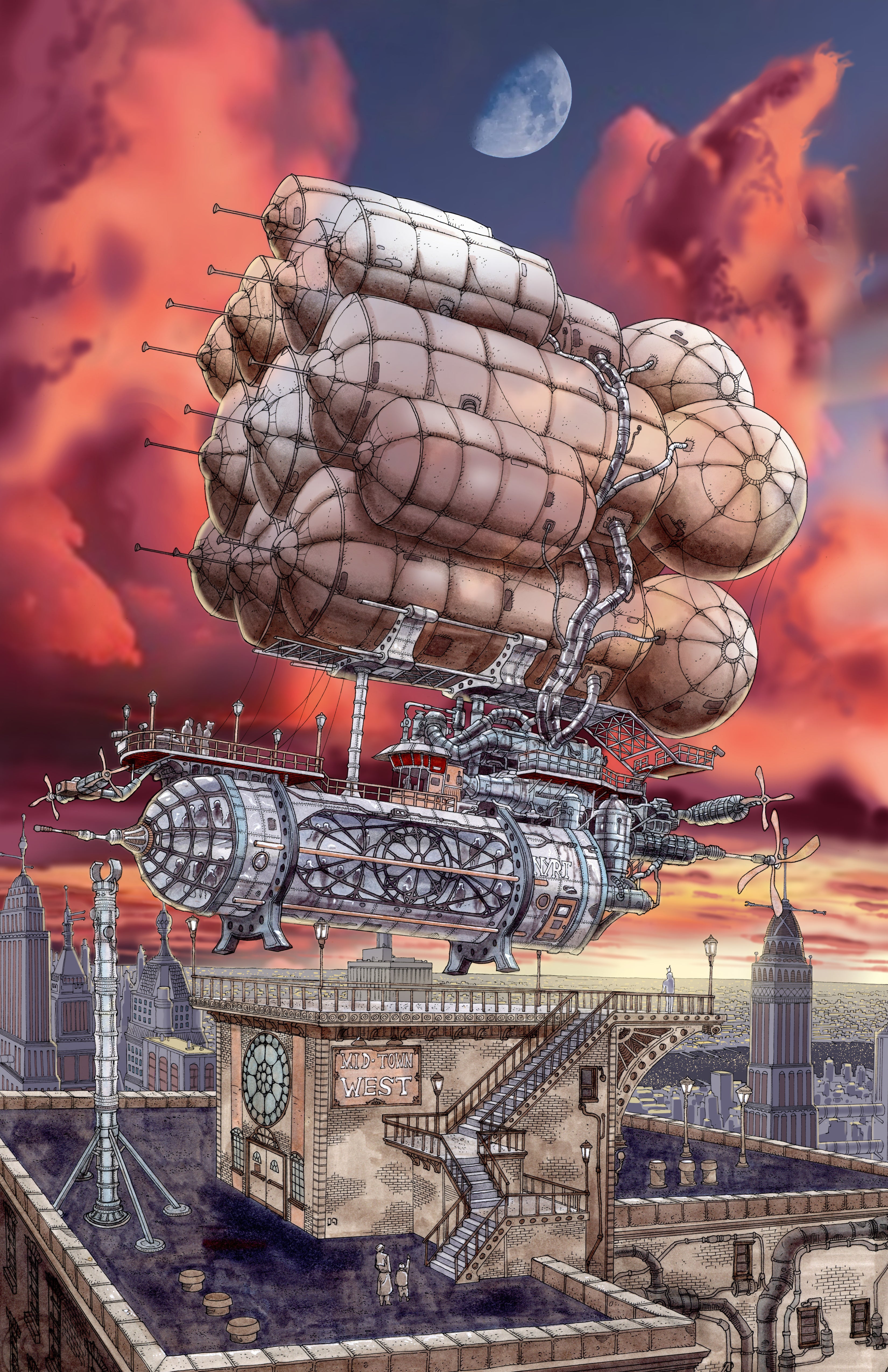 A New York City municipal bus, in an alternate steampunk reality. Those balloons would NOT lift that cab--but hey, it looks really cool! Drawn with ink on paper, digitally coloured. From my book 'How to Draw Sci-fi Utopias and Dystopias' (Phaidon, 2016).