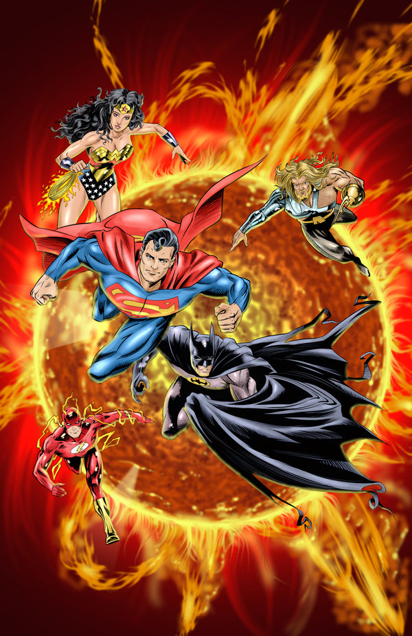 The Justice League of America, as they appeared in 'DC: One Million', which I had the pleasure of inking (over the pencils of the great Val Semeiks). Drawn with ink on paper, digitally coloured.