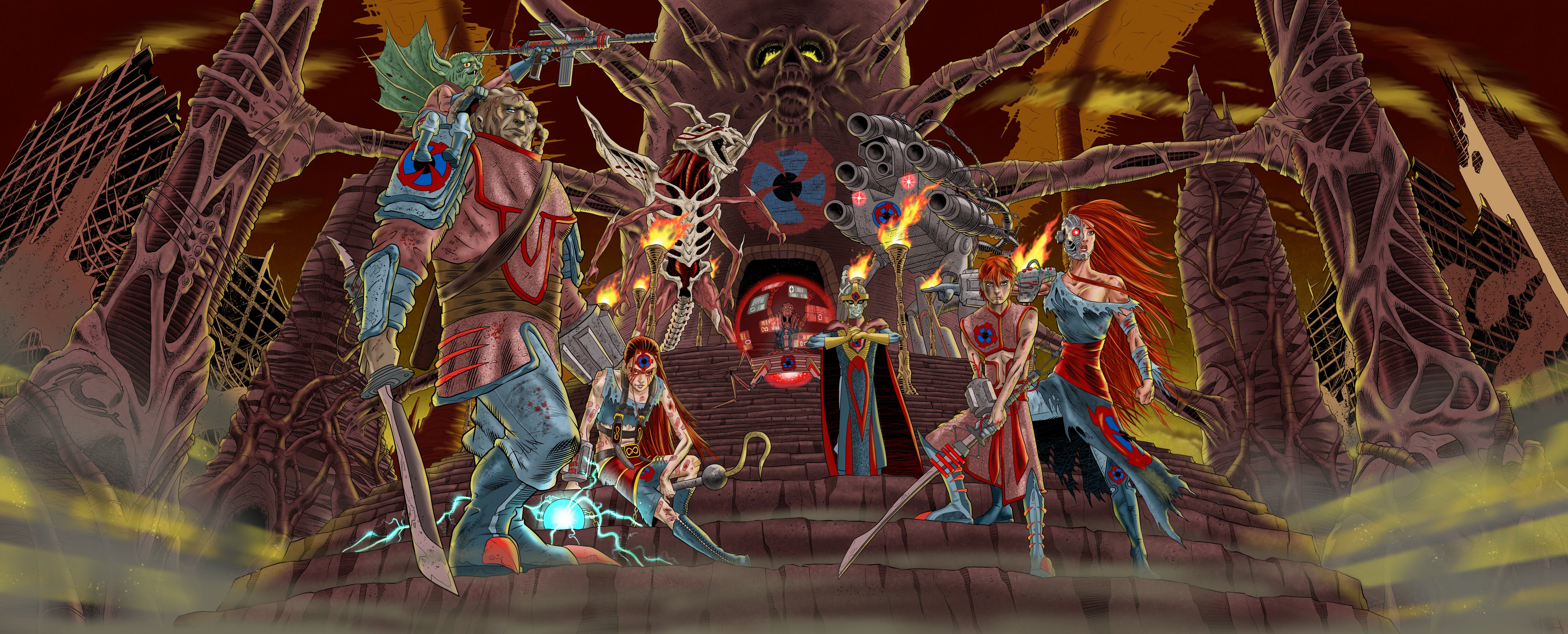 The Omega Legion, a team of futuristic super-villains, from my book 'How to Draw Sci-fi Heroes and Villains' (Phaidon, 2023). Drawn with ink on paper, digitally coloured.