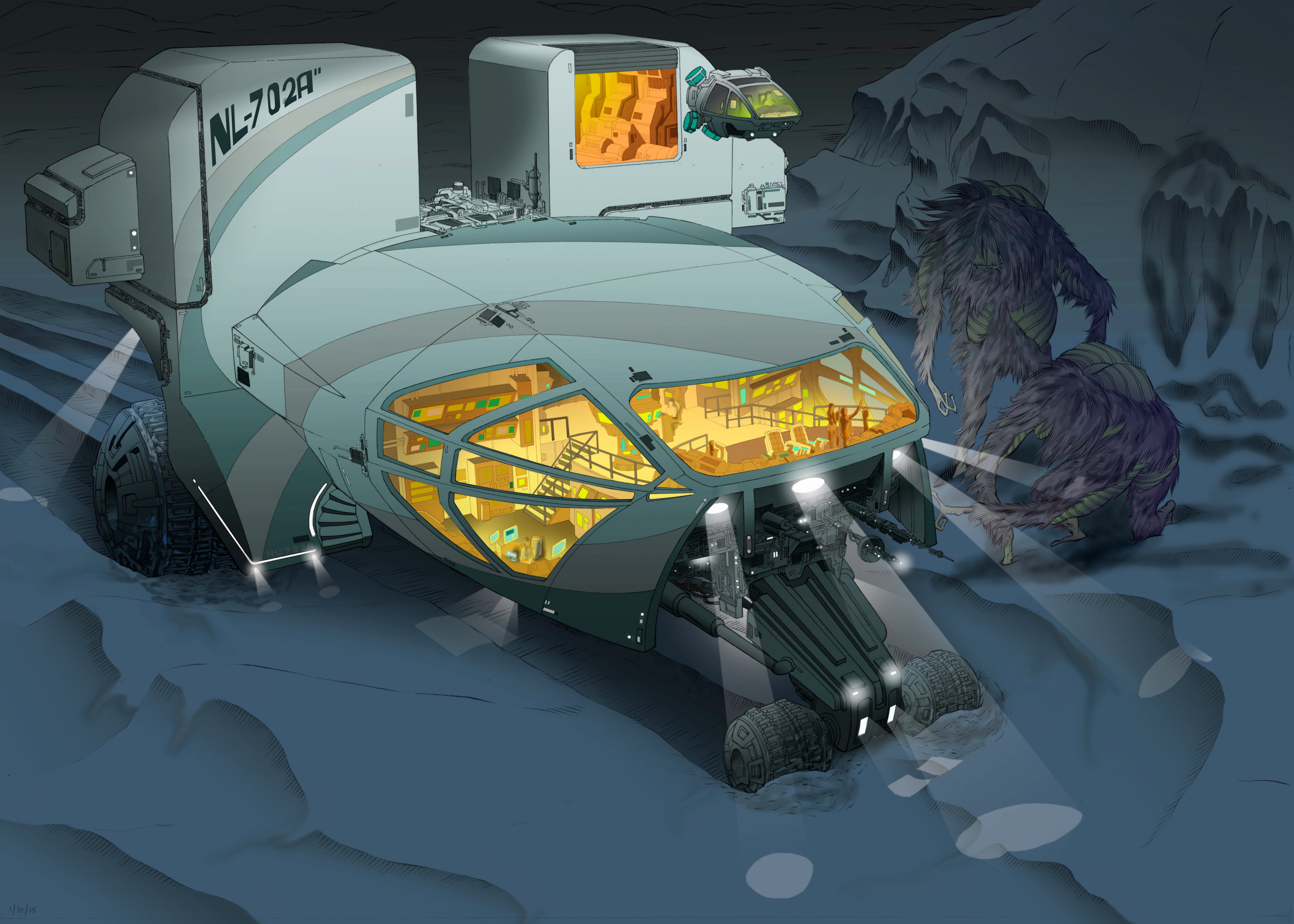 The Oyster--a research vehicle on a frozen alien world, being examined by two 'Old Men' of the ice plateau. From my book 'How to Draw Sci-fi Utopias and Dystopias' (Phaidon, 2016). Drawn with ink on paper, digitally coloured.